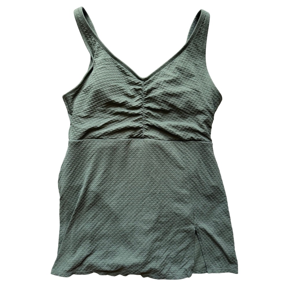 Lands End Womens Olive Green Textured V-Neck Swim Dress One Piece Size L